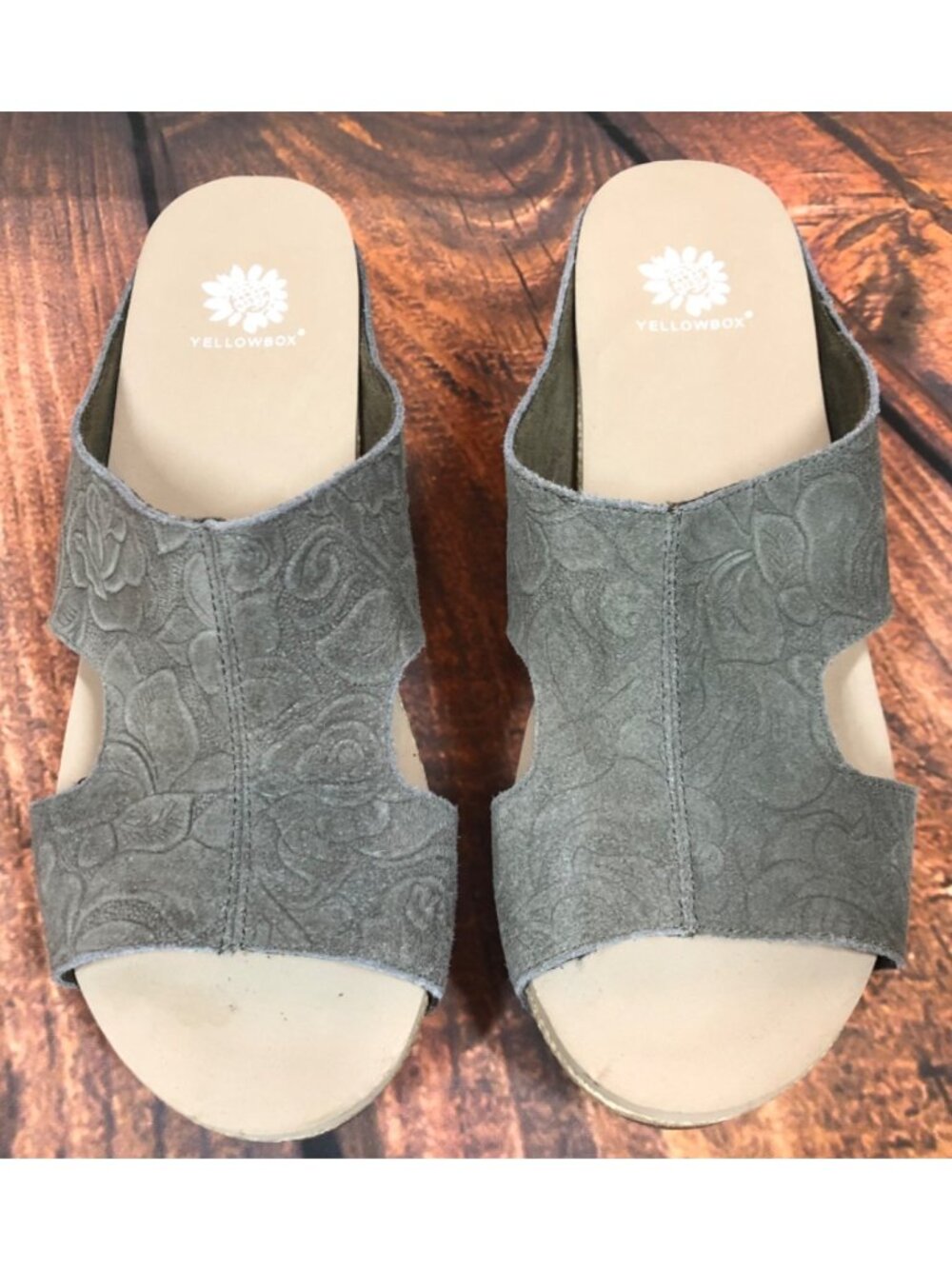 YellowBox Womens 9.5 Basia Sage Floral Embossed Wedge Sandals